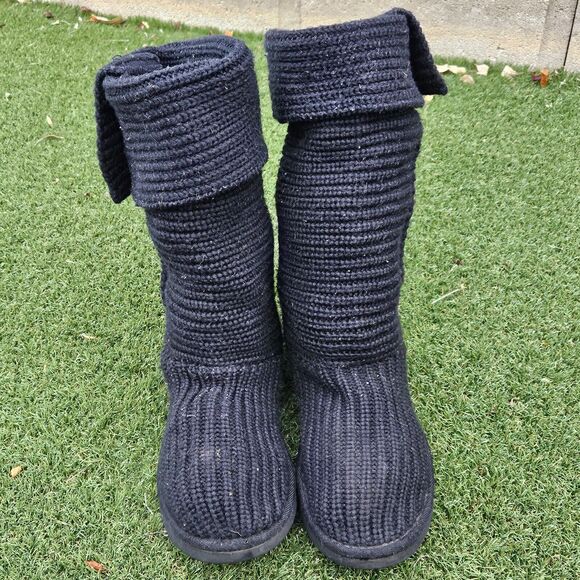 UGG Australia Classic Cardy Knit Boot Womens Size 8 Wool Black Buttons Fold Over - Picture 14 of 14